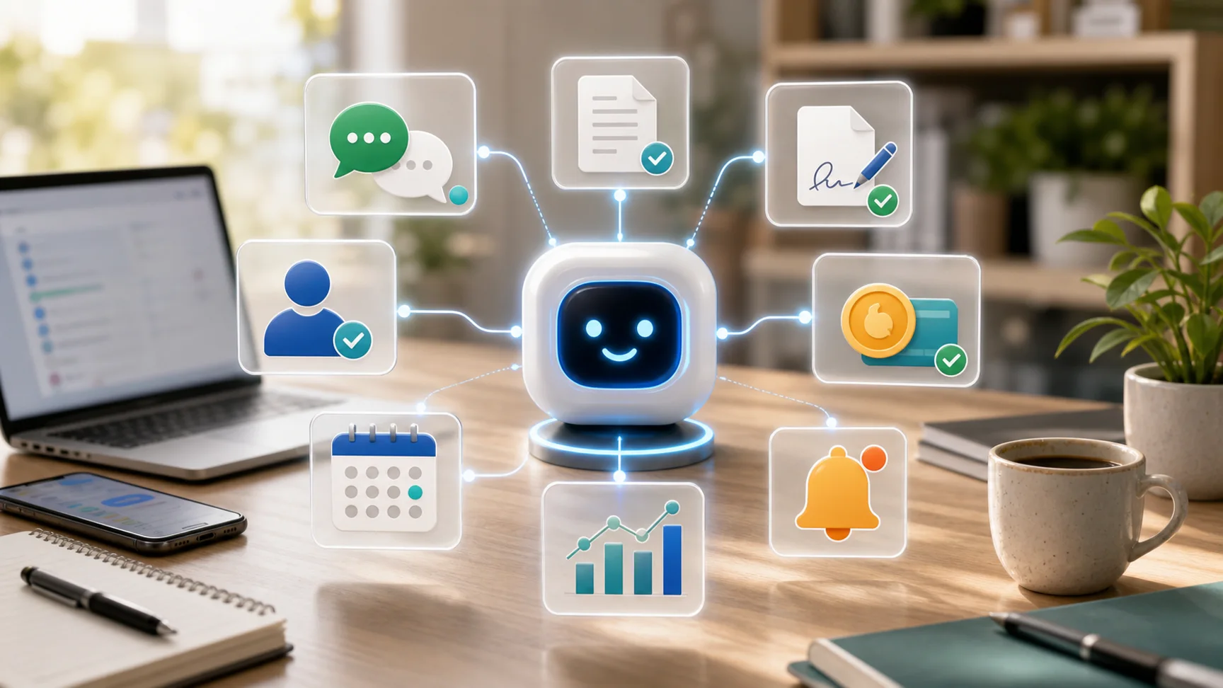 Business brain connecting chats, customers, quotes, payments, and follow-up